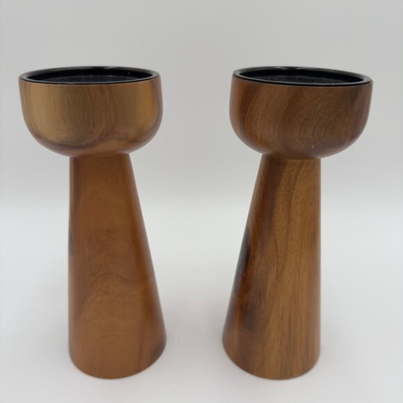 Mid-Century Tall Woodgrain Modern Candle Holders Black Inserts Set of 2 Decor - Picture 1 of 7